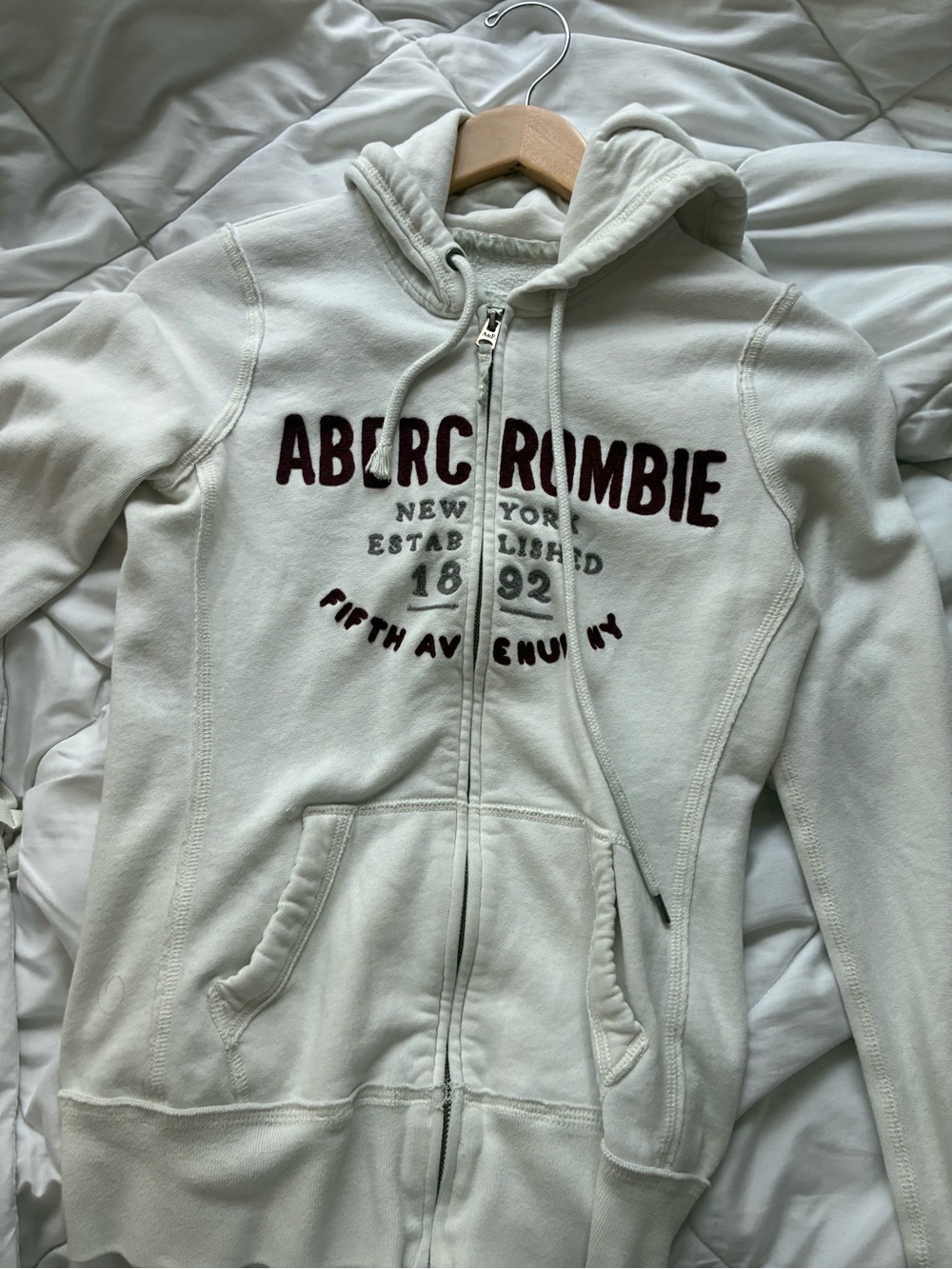 Abercrombie & Fitch Cream Zip Hoodie with Maroon Accent